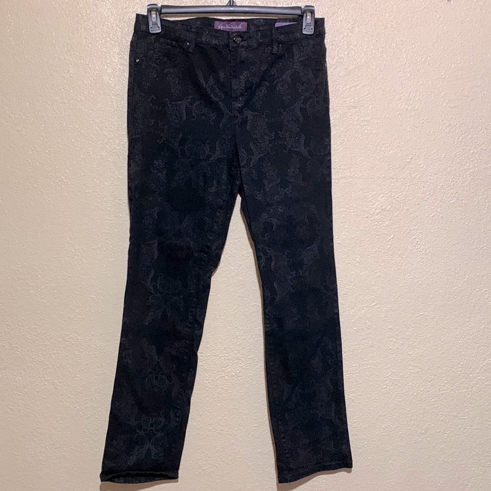Gloria Vanderbilt Pants Straight Black Floral Print Size 14 Average Stretchy